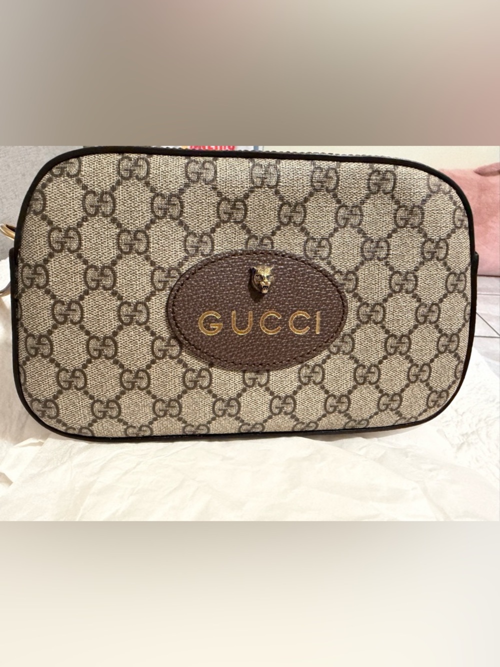 Gucci Neo Vintage Supreme Canvas handbag with Brown Leather and Gold Accents
